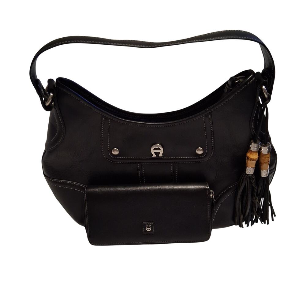 Etienne Aigner Women Black Leather Hobo Bag & Wallet Set Bamboo Tassel Shoulder
